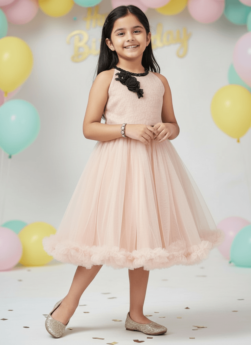 Girls champagne knee length Party frock m234101