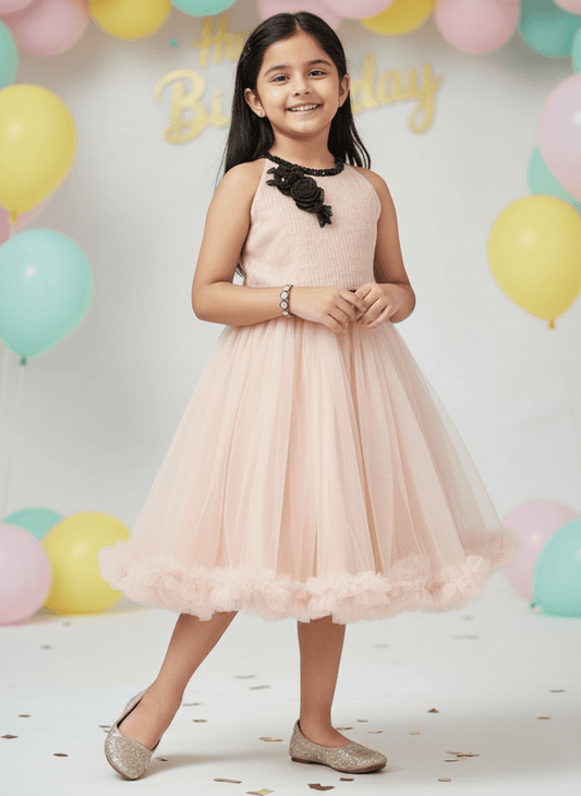 Girls champagne knee length Party frock m234101
