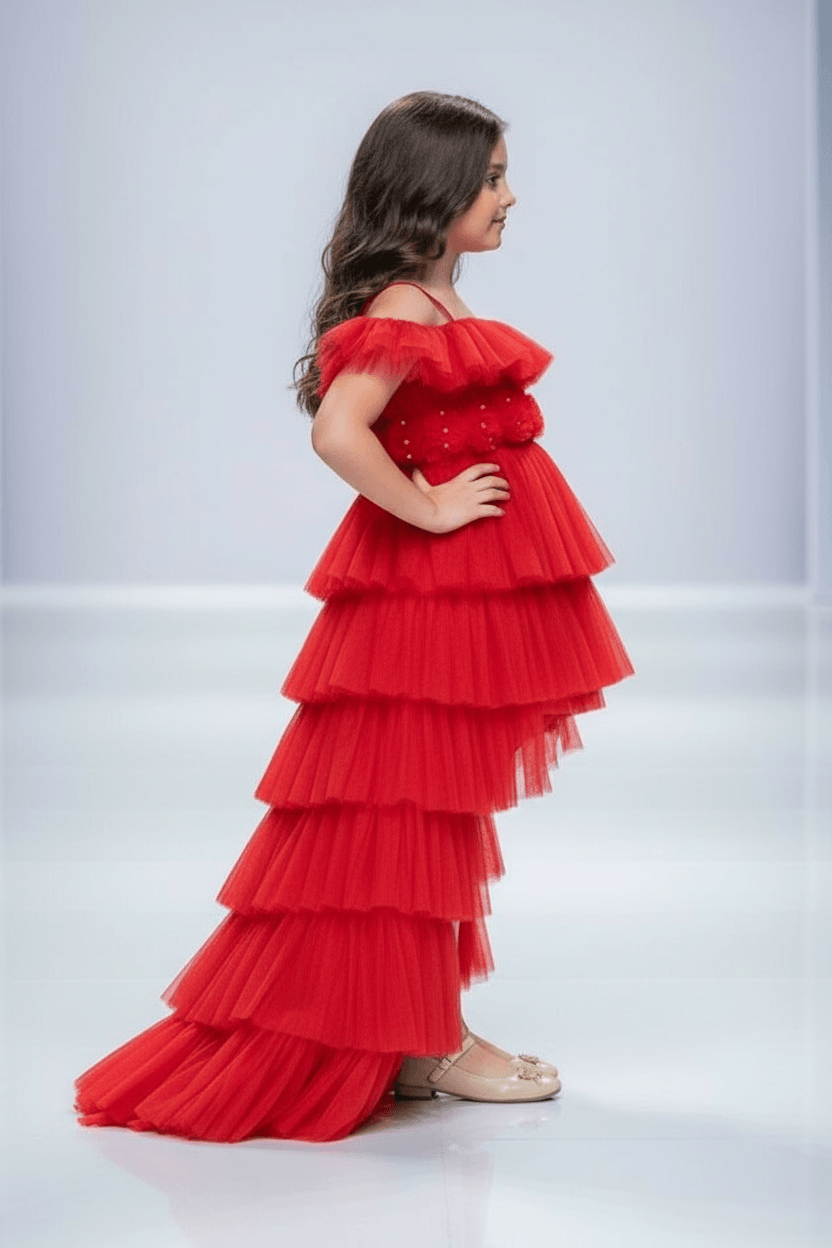 Red layered high low party wear gown