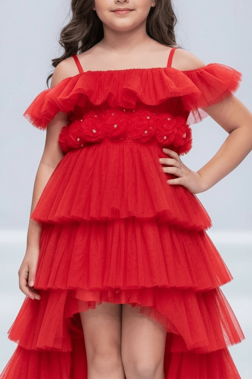 Red layered high low party wear gown