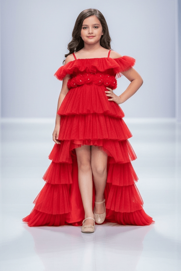 Red layered high low party wear gown