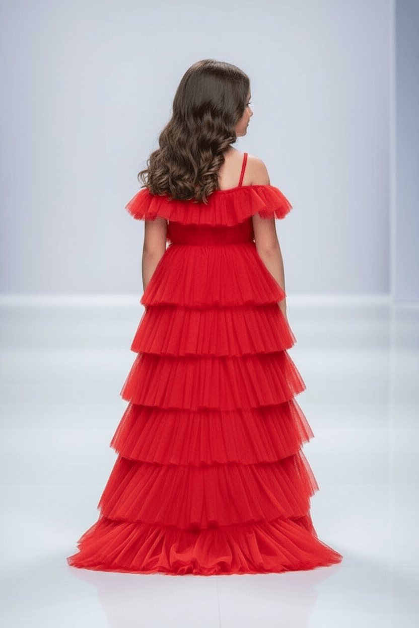 Red layered high low party wear gown