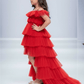 Red layered high low party wear gown