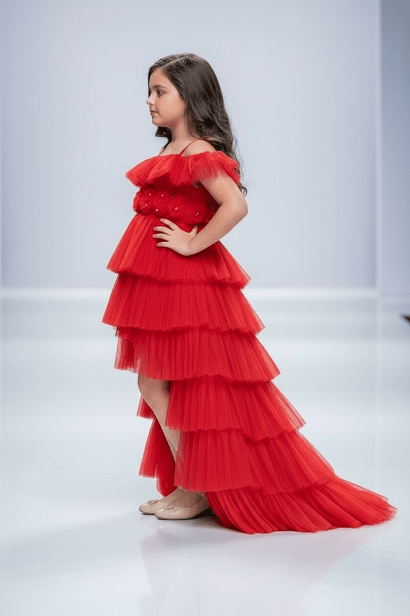 Red layered high low party wear gown