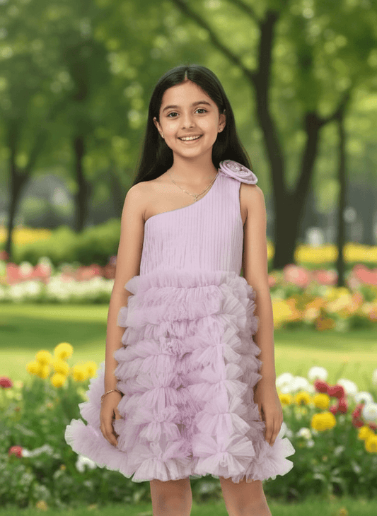 Purple One Shoulder Lilac Frilled Dress For Girls