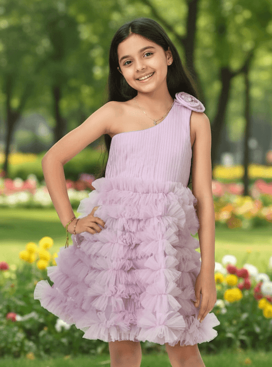 Purple One Shoulder Lilac Frilled Dress For Girls