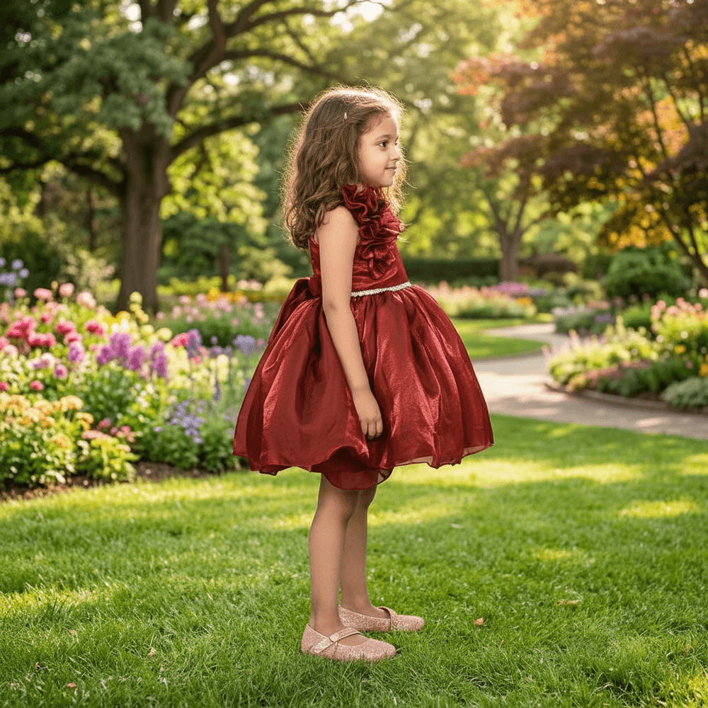 Girls Maroon one shoulder Party frock-m250004