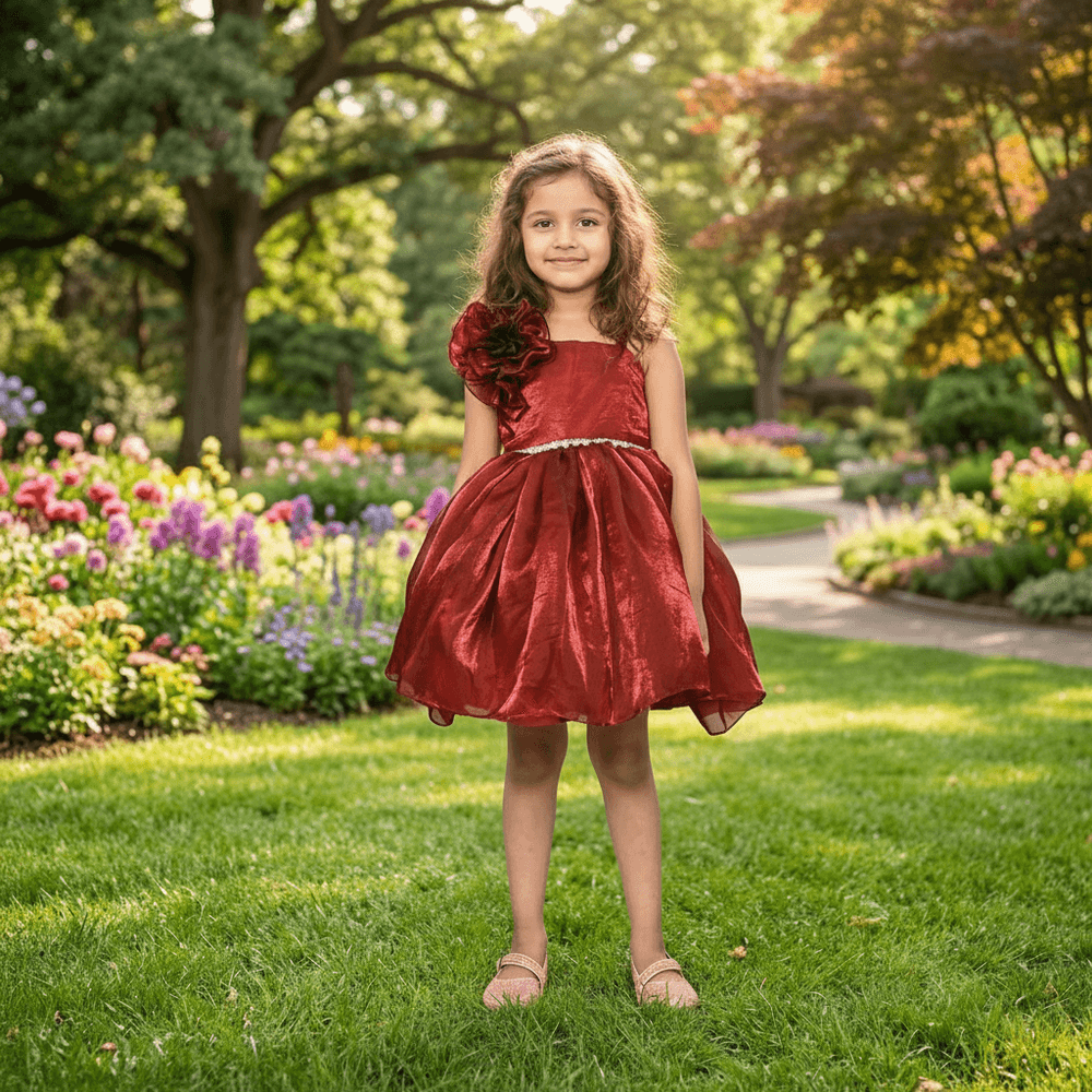 Girls Maroon one shoulder Party frock-m250004