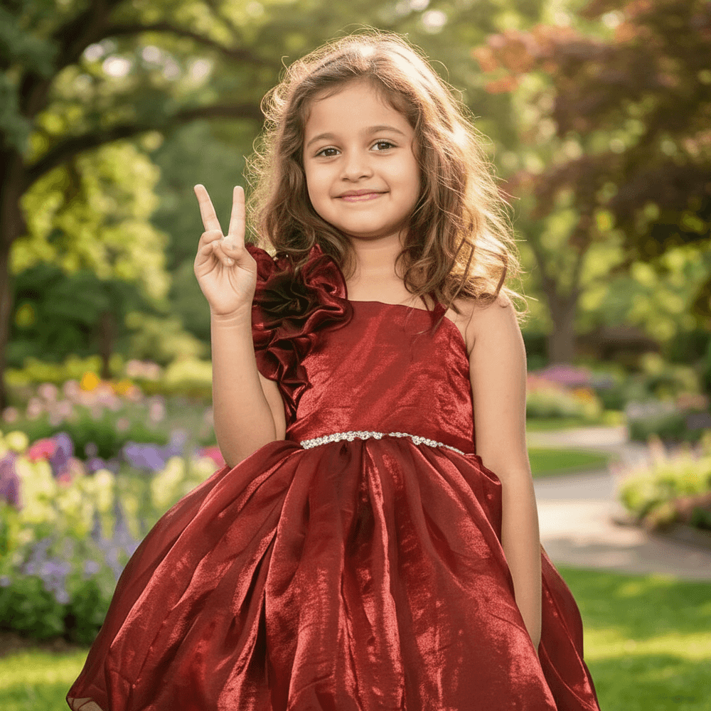 Girls Maroon one shoulder Party frock-m250004