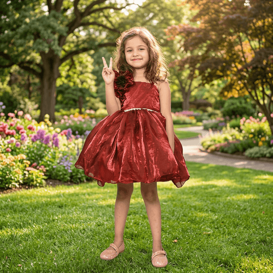 Girls Maroon one shoulder Party frock-m250004