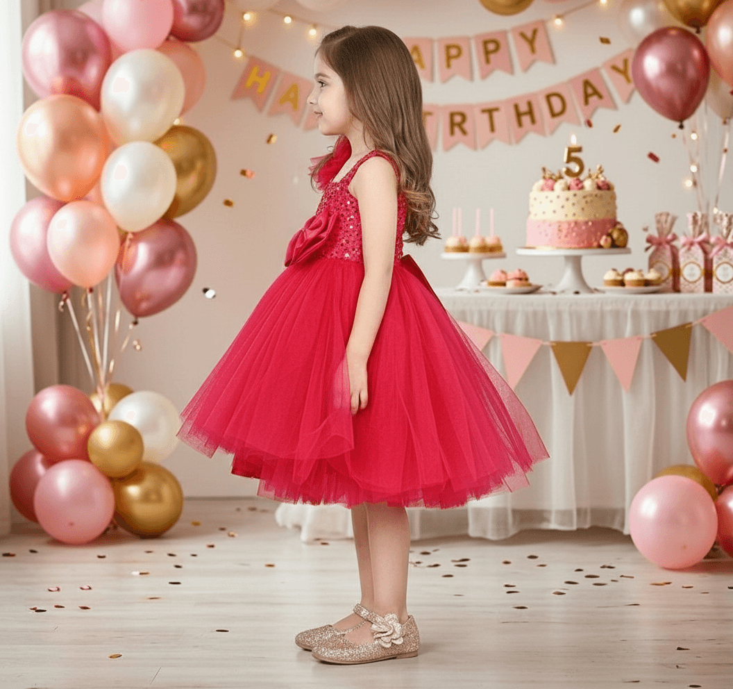 Girls Magenta one shoulder Layered frock m250002