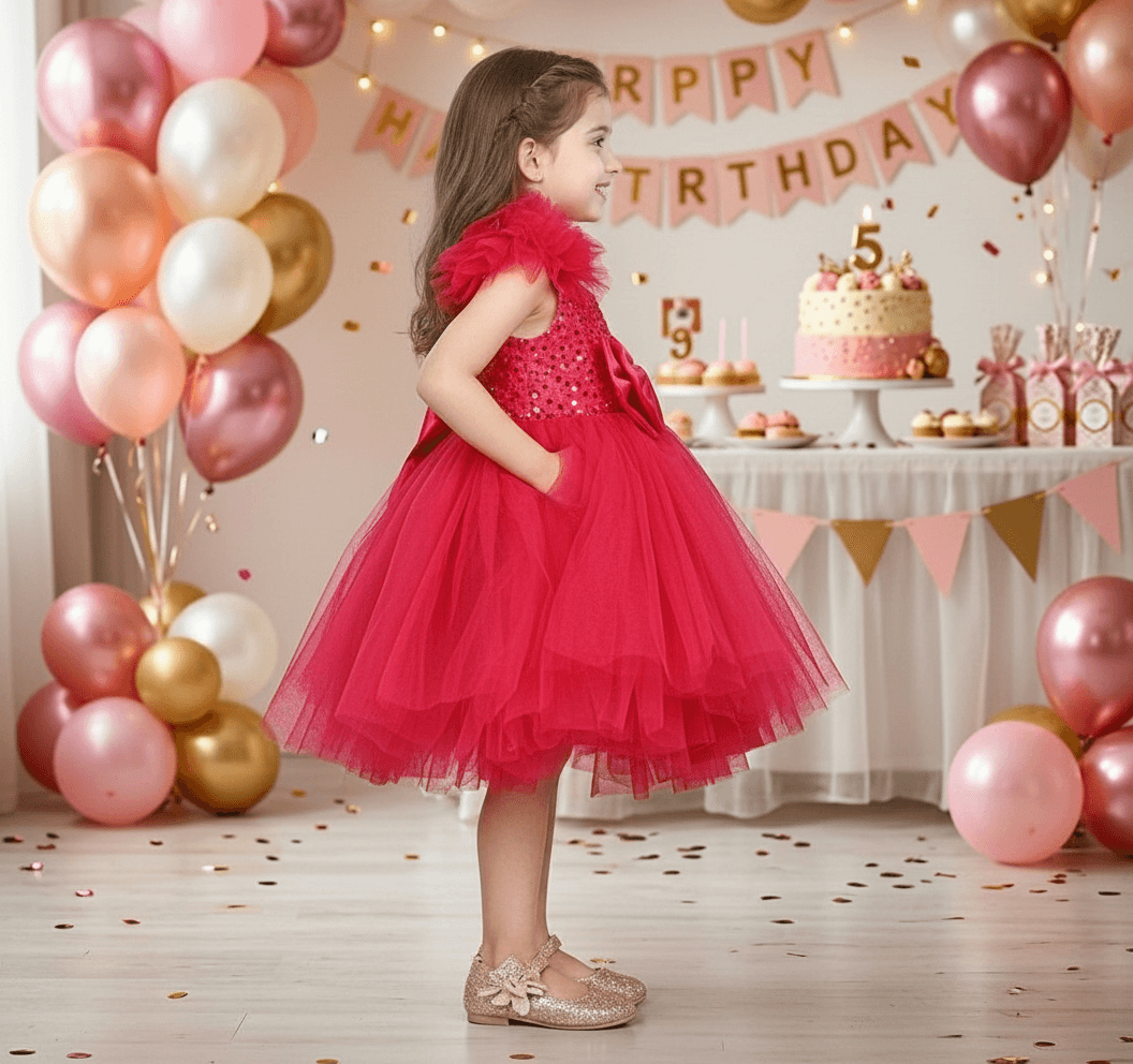 Girls Magenta one shoulder Layered frock m250002