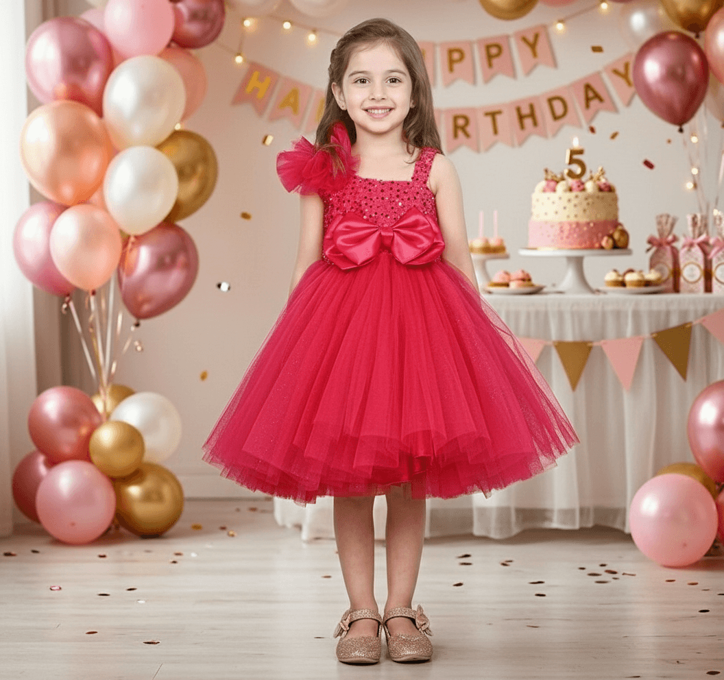 Girls Magenta one shoulder Layered frock m250002
