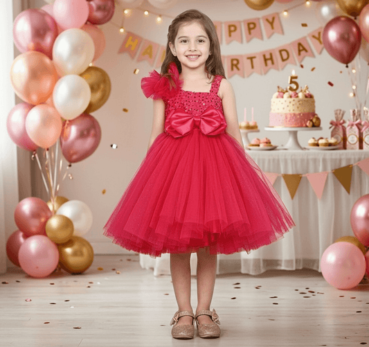 Girls Magenta one shoulder Layered frock m250002