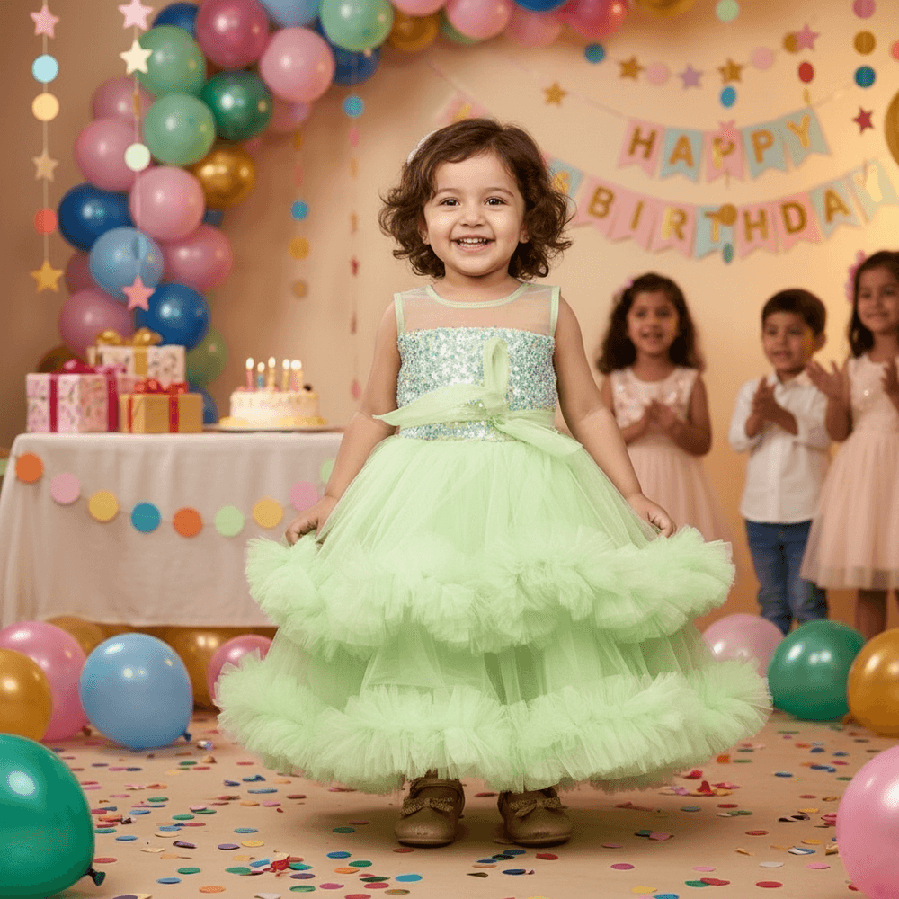 green party frock for girls-M250023
