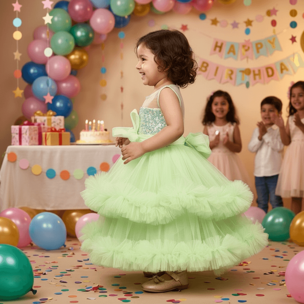 green party frock for girls-M250023