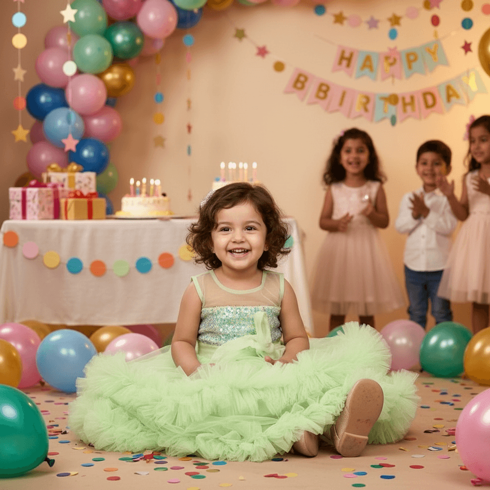 green party frock for girls-M250023