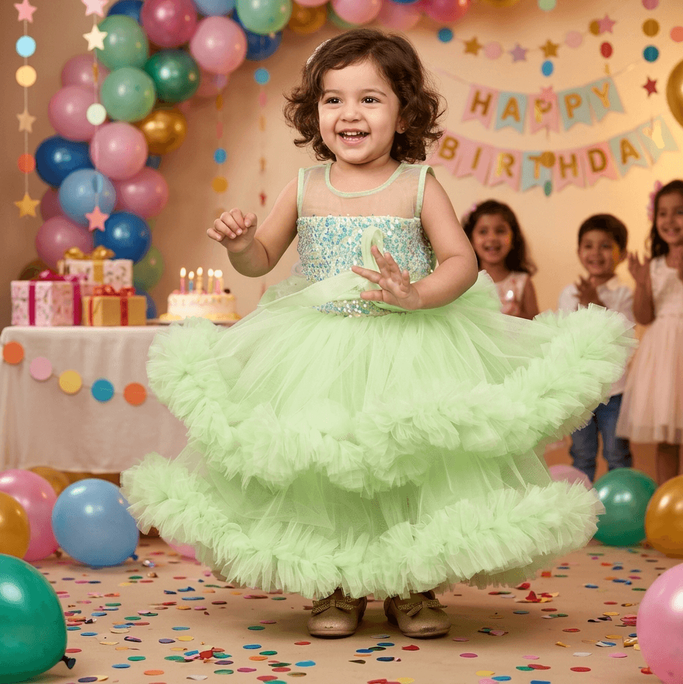 green party frock for girls-M250023