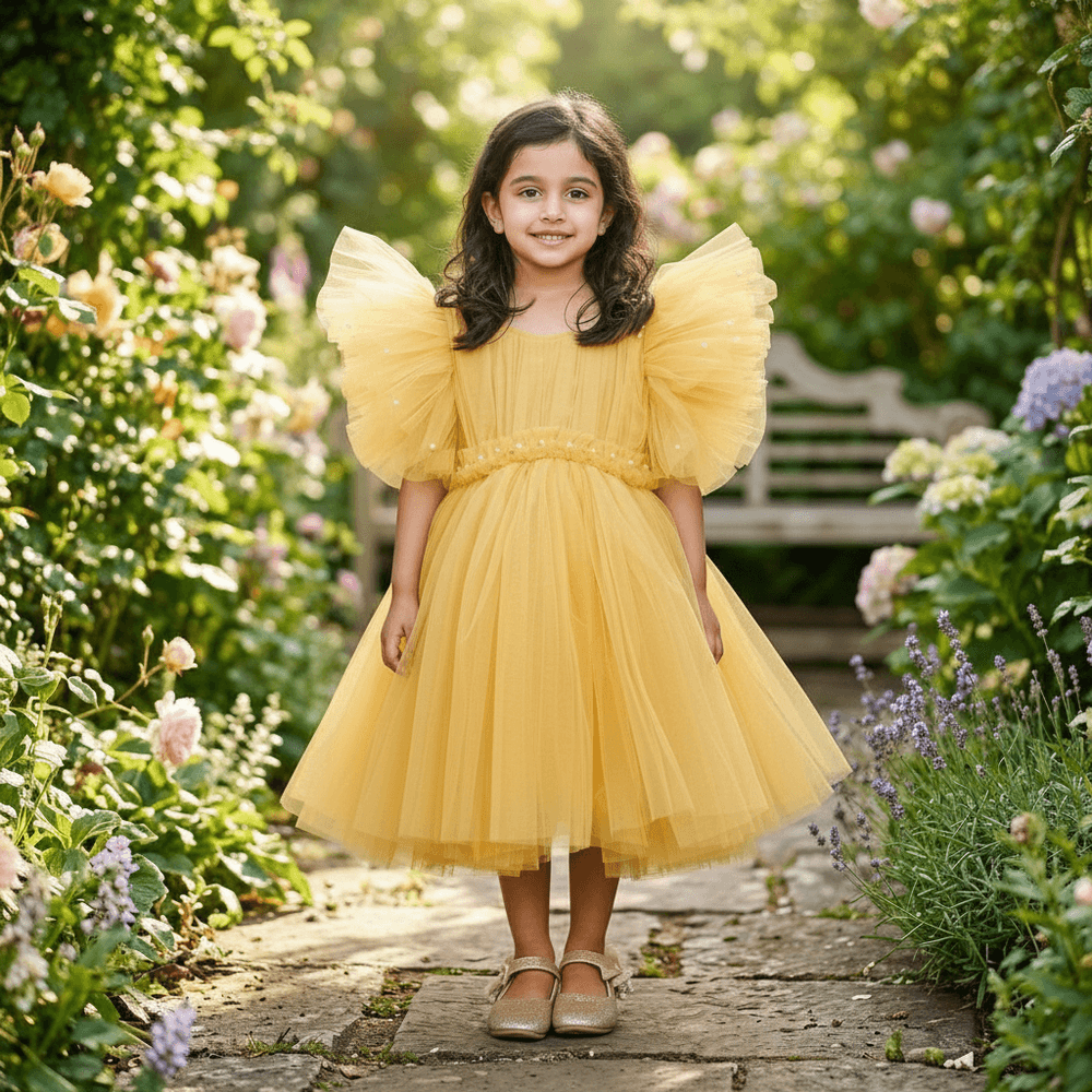 Gold party frock for girls-M250117