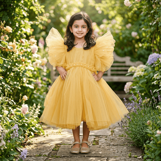 Gold party frock for girls-M250117