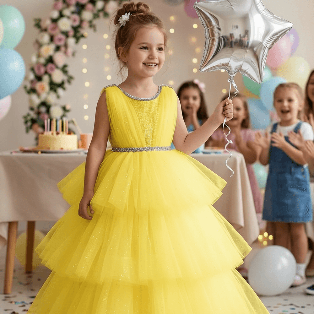 Girls yellow knee length Party frock M260158