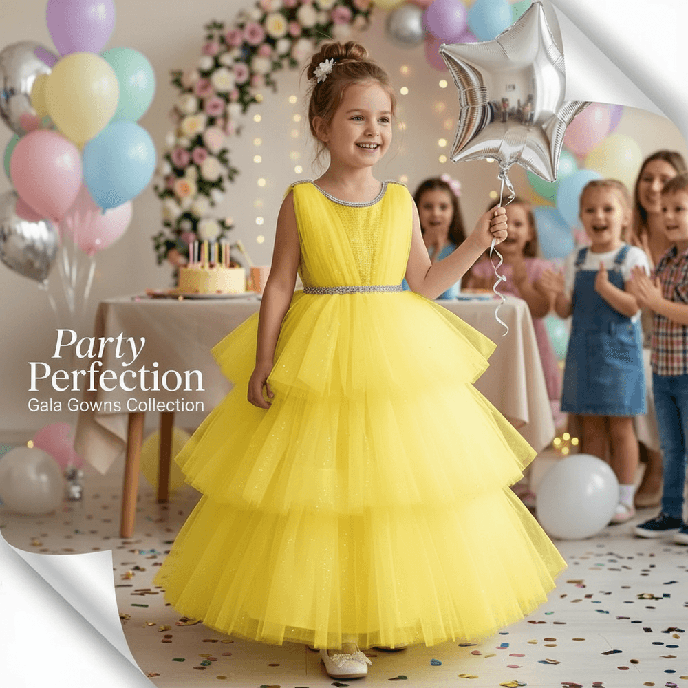 Girls yellow knee length Party frock M260158