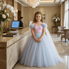 Pink Floral Embroidered Net Gown Length Party Dress for Girls