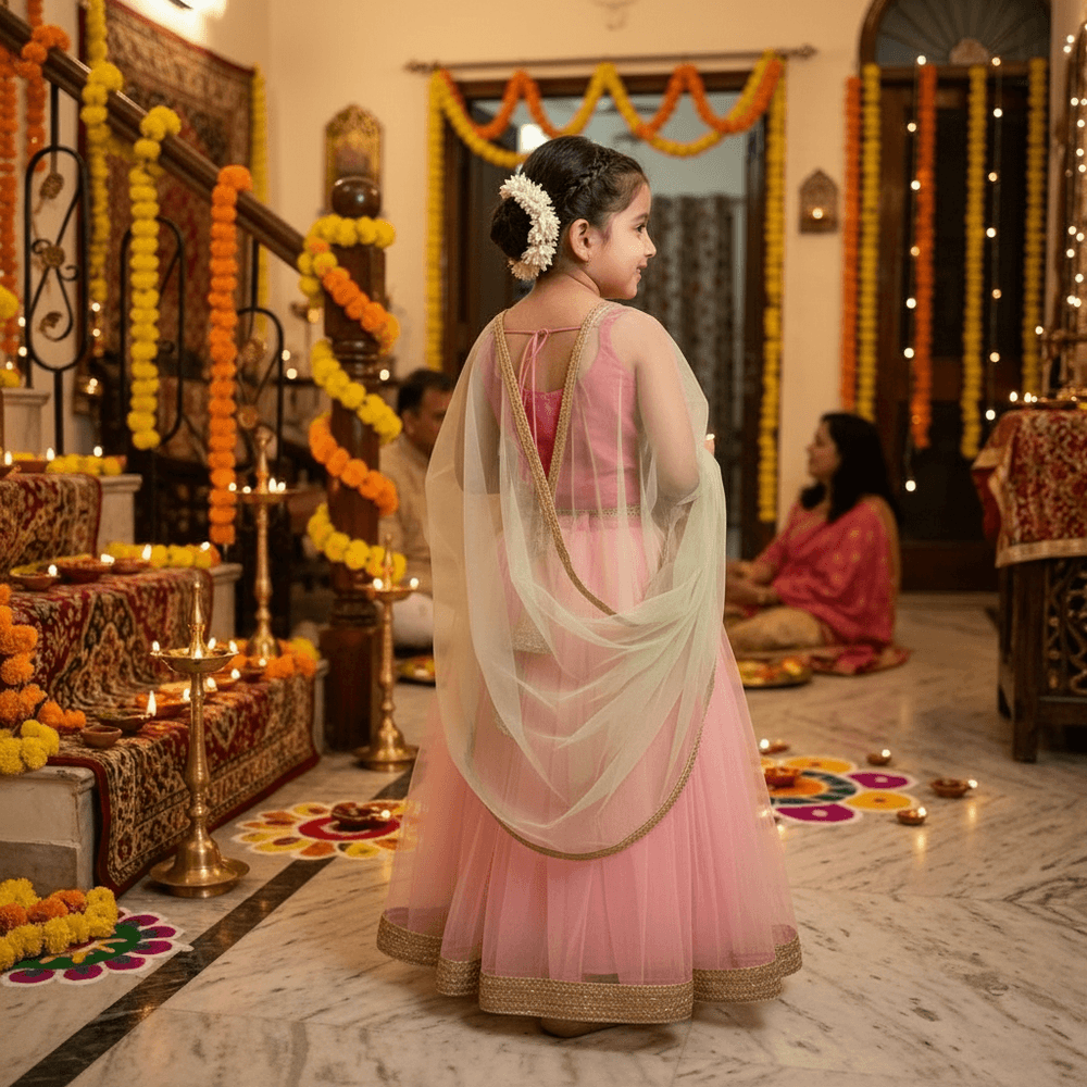 Net Sweetheart-Neckline Lehenga Choli Set for Girls M260099