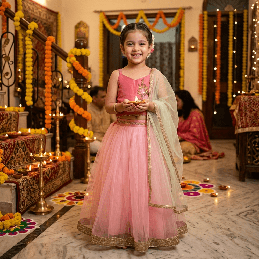 Net Sweetheart-Neckline Lehenga Choli Set for Girls M260099