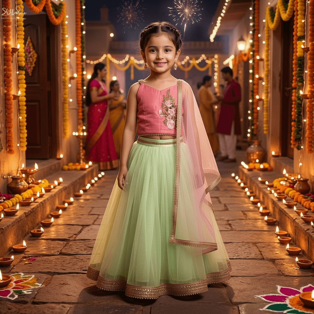 Net Crop-Top Lehenga Choli Set with Dupatta for Girls M260098