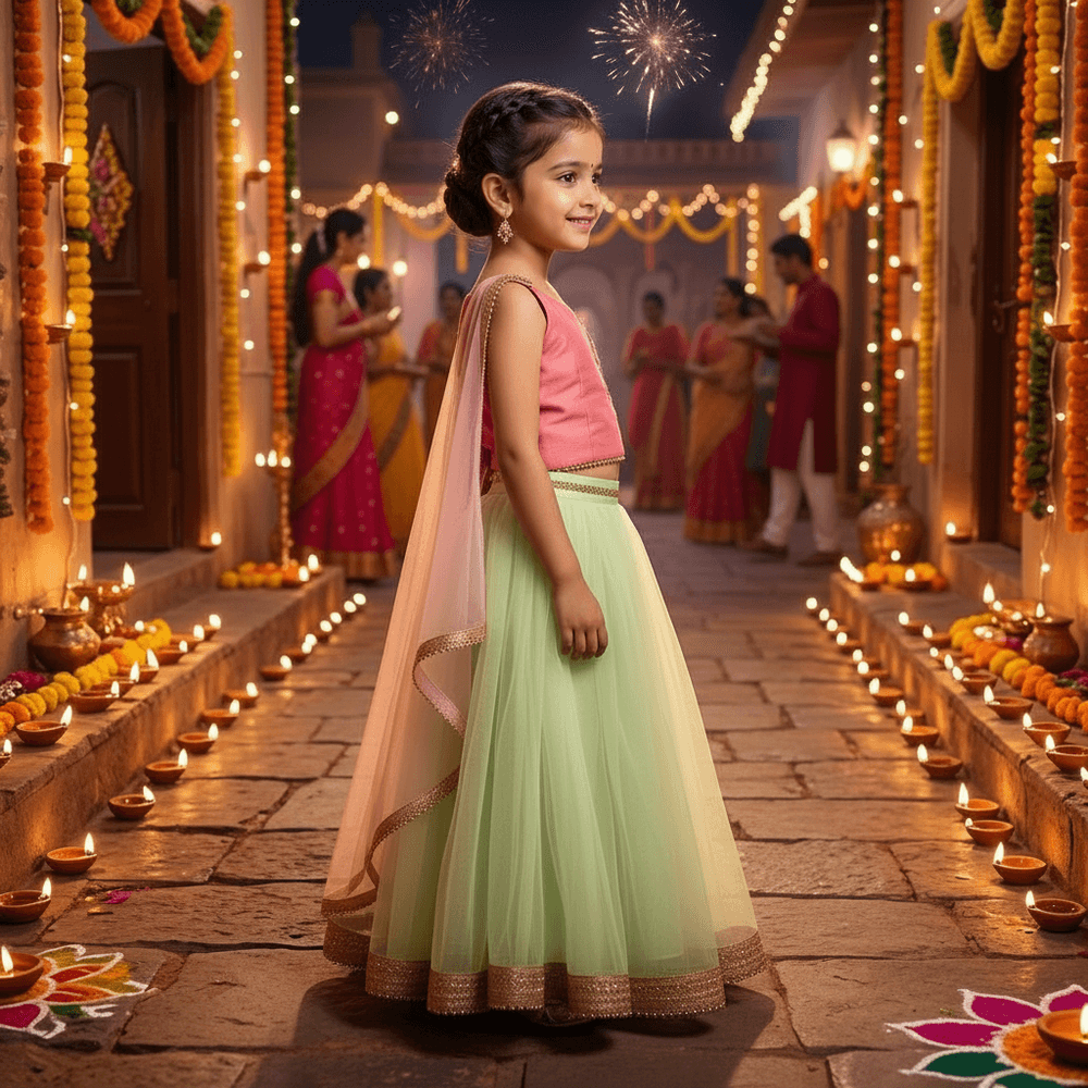 Net Crop-Top Lehenga Choli Set with Dupatta for Girls M260098