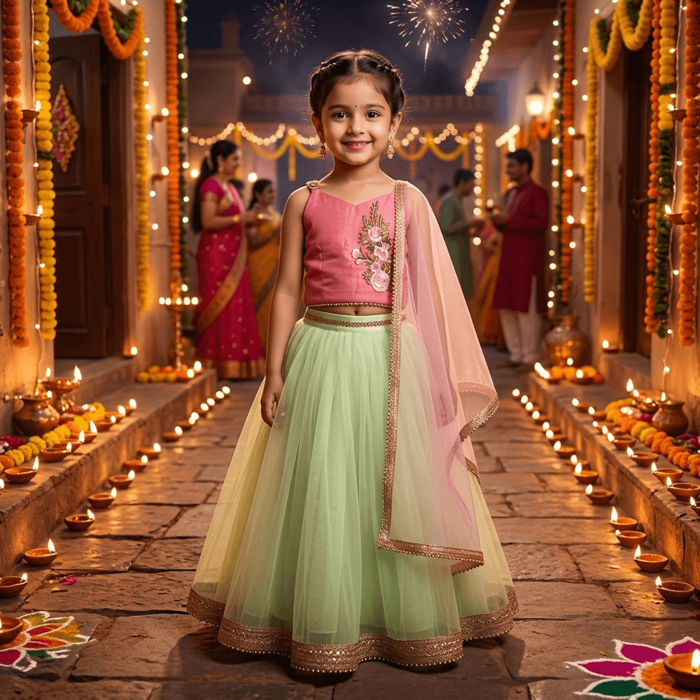 Net Crop-Top Lehenga Choli Set with Dupatta for Girls M260098