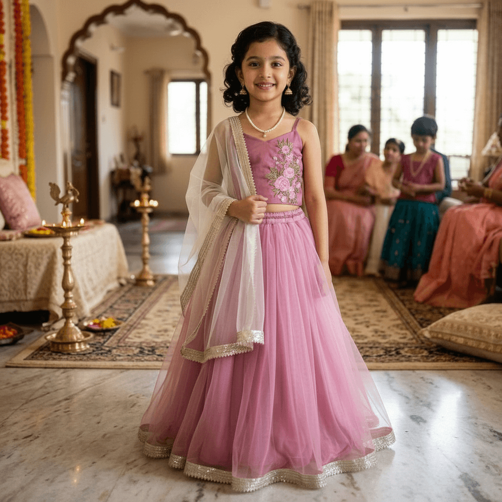 Net Sweetheart-Neckline Lehenga Choli Set for Girls M260099