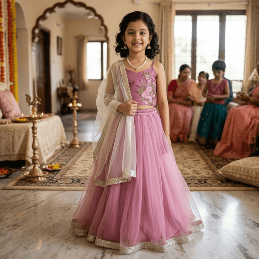 Net Sweetheart-Neckline Lehenga Choli Set for Girls M260099