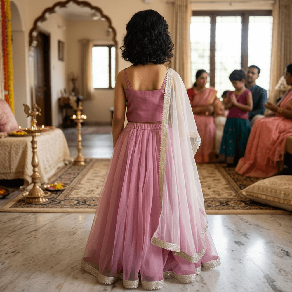 Net Sweetheart-Neckline Lehenga Choli Set for Girls M260099