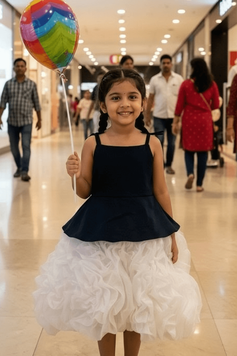 Chic Black & White Casual Frock with Ruffle Trim & Comfortable Fit for Girls M260132