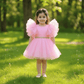 Candy Pink Tutu Frock with Dramatic Ruffle Sleeves & Gold Waistband for Girls