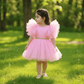 Candy Pink Tutu Frock with Dramatic Ruffle Sleeves & Gold Waistband for Girls