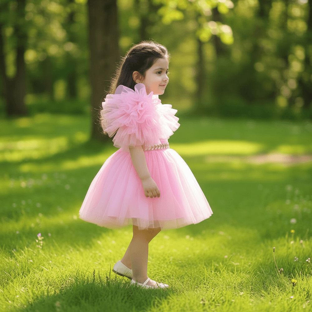 Candy Pink Tutu Frock with Dramatic Ruffle Sleeves & Gold Waistband for Girls