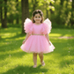 Candy Pink Tutu Frock with Dramatic Ruffle Sleeves & Gold Waistband for Girls