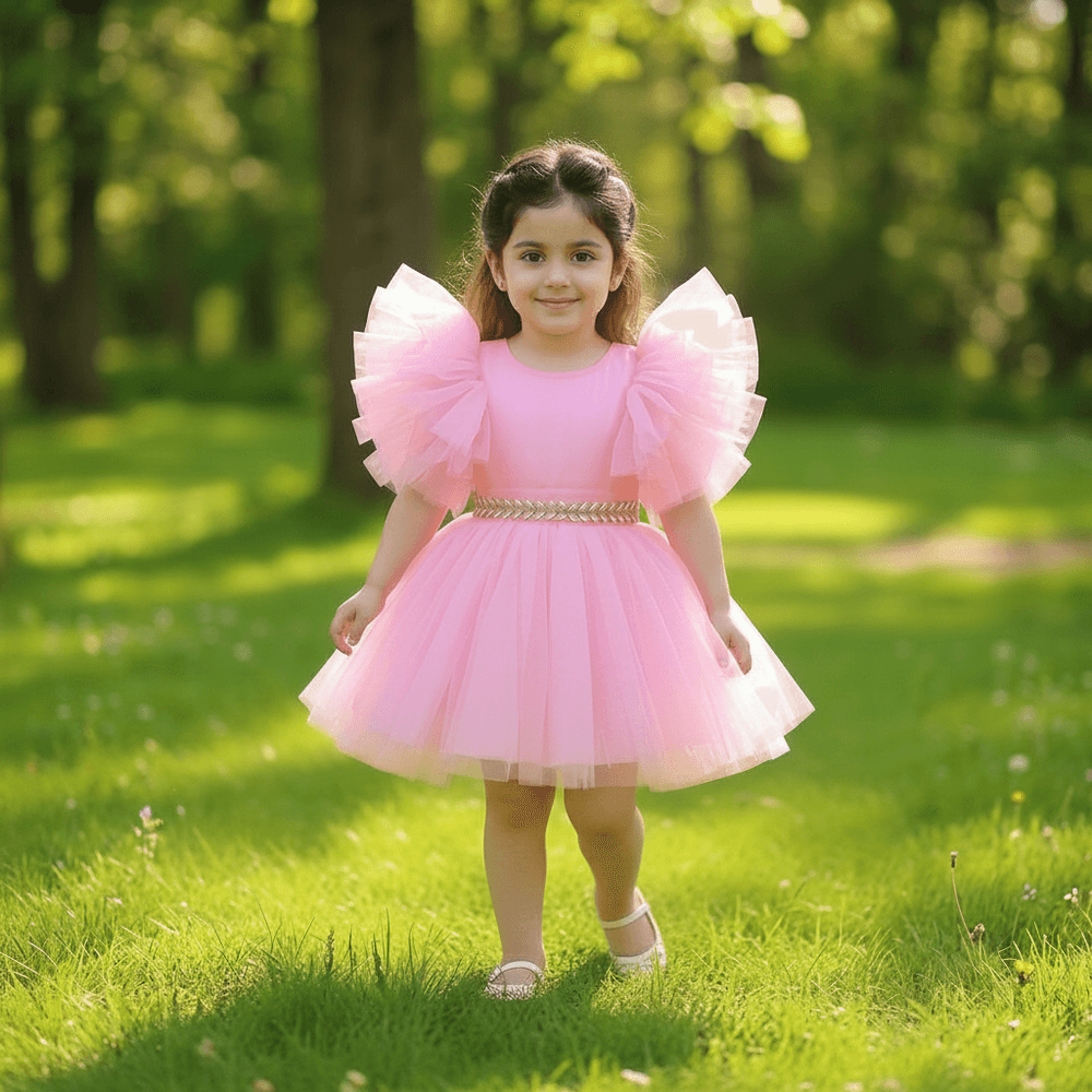Candy Pink Tutu Frock with Dramatic Ruffle Sleeves & Gold Waistband for Girls