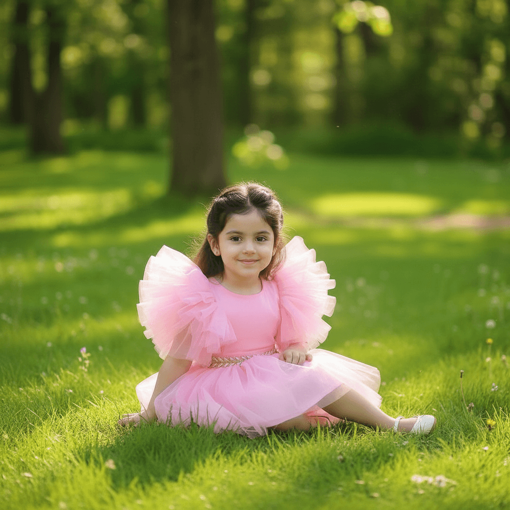 Candy Pink Tutu Frock with Dramatic Ruffle Sleeves & Gold Waistband for Girls