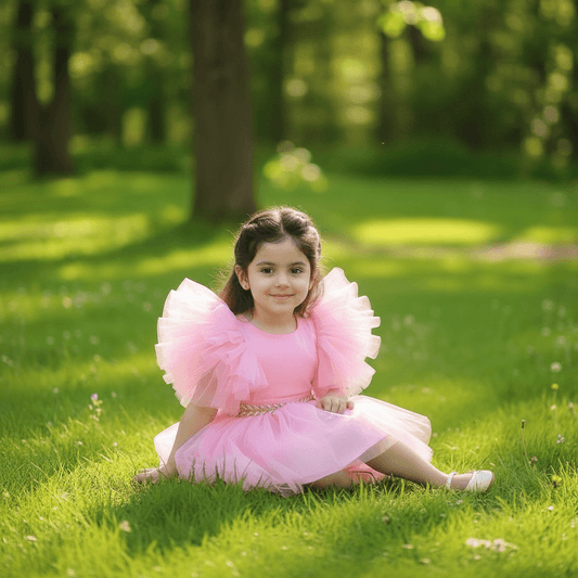 Candy Pink Tutu Frock with Dramatic Ruffle Sleeves & Gold Waistband for Girls
