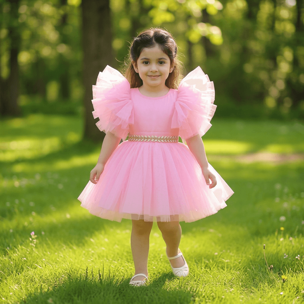 Candy Pink Tutu Frock with Dramatic Ruffle Sleeves & Gold Waistband for Girls