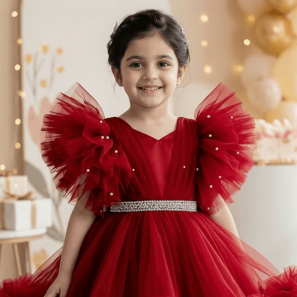 Ruby Red Party Frock with Gold Trim & Statement Bow Detail for Girls M260192