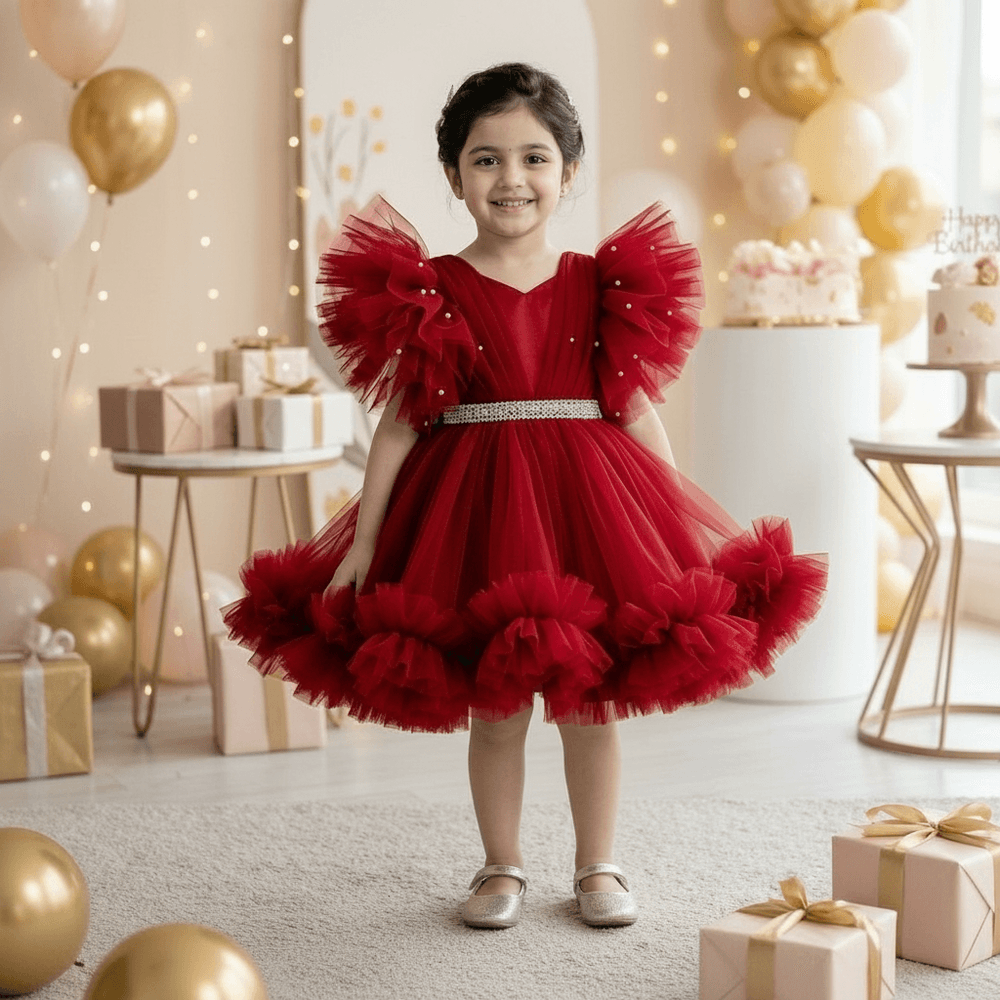 Ruby Red Party Frock with Gold Trim & Statement Bow Detail for Girls M260192