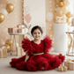 Ruby Red Party Frock with Gold Trim & Statement Bow Detail for Girls M260192