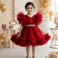 Ruby Red Party Frock with Gold Trim & Statement Bow Detail for Girls M260192