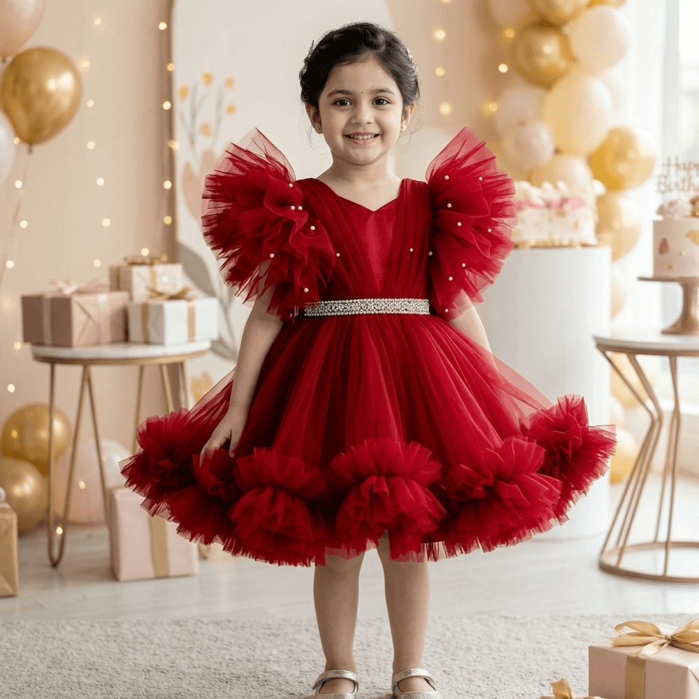 Ruby Red Party Frock with Gold Trim & Statement Bow Detail for Girls M260192