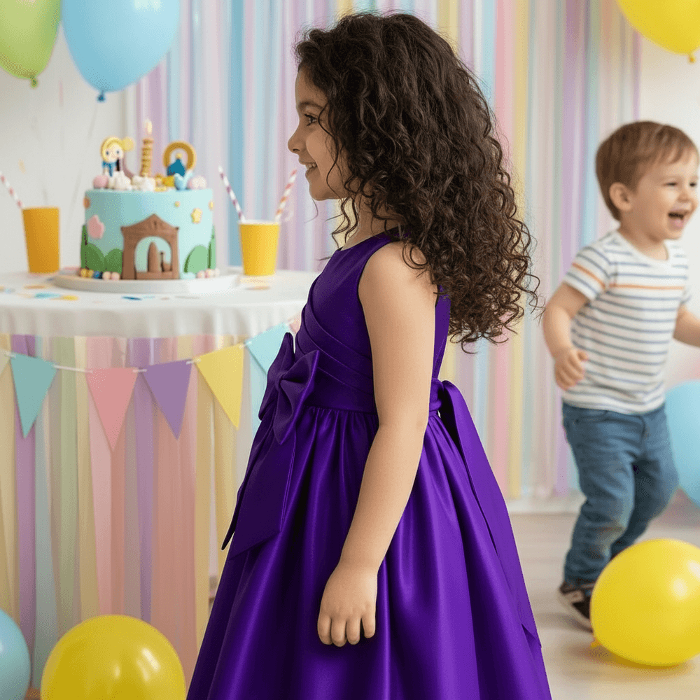 Charming Purple Casual Dress with Tiered Layers & Playful Design for Girls M260199